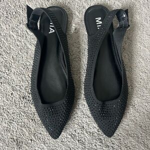 MIA Black Pointed Slingback Flats with Rhinestone Detail